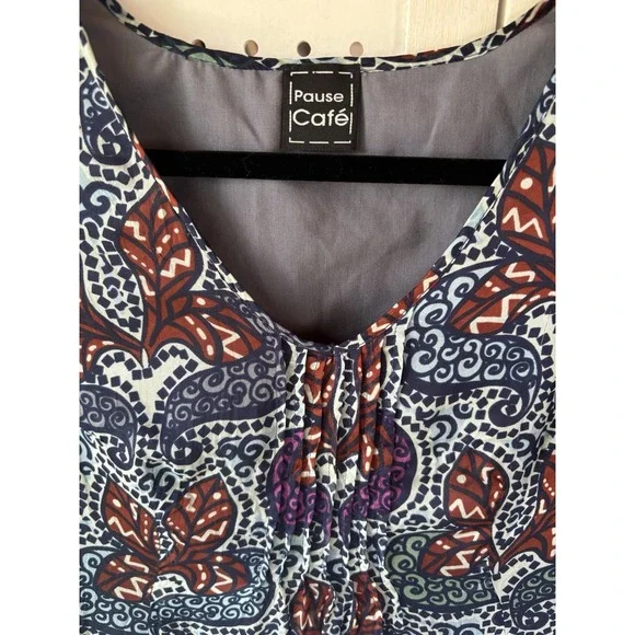 Pause Cafe V Neck 3/4 SLV Silk Blouse Floral Paisley Blue Brown Women's Small? - Picture 3 of 5